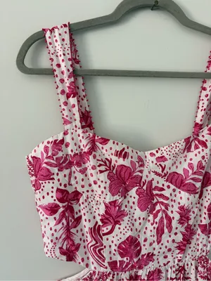 Zara Pink White Cut Out Floral Tiered Skirt Beaded Boho Cottagecore Maxi Dress M thumbnail 4