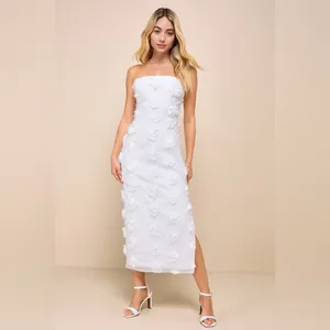 NWOT Lulus Posh Appearance White 3D Floral Applique Strapless Midi Dress L thumbnail 2