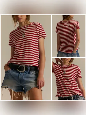 NWT Free People We The Free Nora Striped Linen Tee - Red Combo - XL thumbnail 2