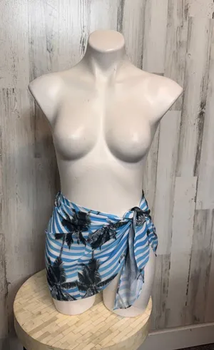 SheIn Flamingo Palm Tree Striped Tie Side Sarong Mini Swim Skirt Cover Up One Size Blu thumbnail 1