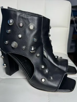 Fabrizio Chini Black Leather Studded Peep Toe Ankle Booties Made in Italy thumbnail 8
