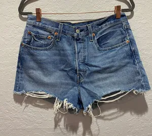 Levi's Cut off Distressed Blue Jean Shorts high waisted Sz 30 Boho Festival thumbnail 1