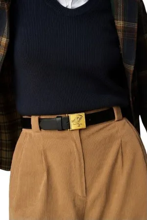 Genuine Leather Gold Buckle Belt Black Size 38 Equestrian Preppy Old Money thumbnail 1