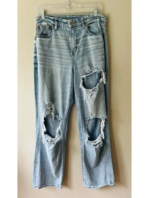 American Eagle Sz 14 Mom Jeans curvy straight leg high-rise fit with distressing thumbnail 2
