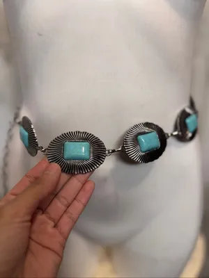 Western Southwestern Turquoise Concho Chain Belt Silver Metal Boho Festival Wome thumbnail 3