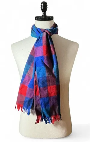 Pendleton Plaid Virgin Wool‎ Scarf Blue Red Purple Fringe Preppy Winter Warm thumbnail 1