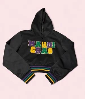 Boutique Black Cropped Mardi Gras Hoodie with Purple Green Gold Accents thumbnail 1