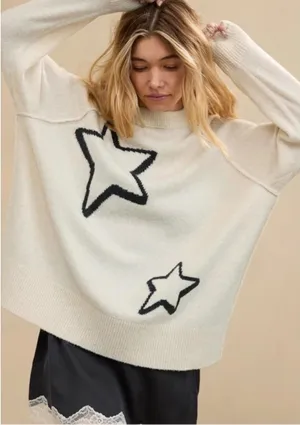 Aerie Star Oversized Sweater Women L/XL Oatmeal Heather Black Star‎ Cozycore thumbnail 1