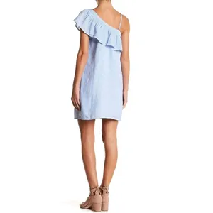 Beachlunchlounge‎ Blue White Pinstripe Linen One Shoulder Ruffle Mini Dress M thumbnail 2