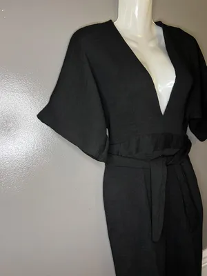 Topshop Dress Womens 6 Black V Neck Kimono Sleeve Cutout Back Tie Waist Midi thumbnail 4