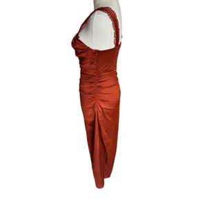 ASTR the Label - Alva Ruched Lace Trim Midi Slip Dress Rust Satin Sz XS thumbnail 7