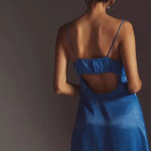 Anthropologie Satin Mini Dress Blue Open Back‎ Cutout Slip Cocktail Size 2 thumbnail 2