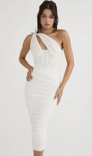HOUSE OF CB Valentina Asymmetric Cutout One-Shoulder Midi Dress in Ivory XS NWT thumbnail 14