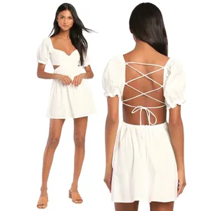 Lulus Love the Feeling White Puff Sleeve Lace-Up Cutout Mini Dress size Large thumbnail 2