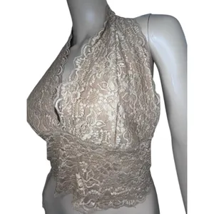 VeVinice Beige Floral Pattern Lace Halter V-Neck Bralette Crop Top thumbnail 2