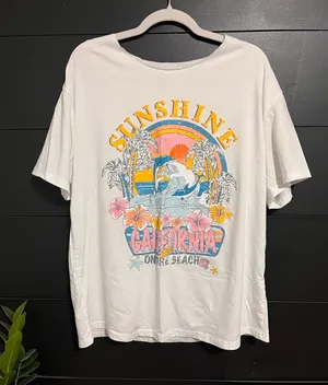 SUNSHINE CALIFORNIA Off Shoulder Oversized Colorful Beach Tee Women’s Sz M EUC thumbnail 1