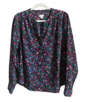J.Crew Floral Popover Placket Blouse L Whimsygoth Cottagecore Dark Romantic Top thumbnail 1