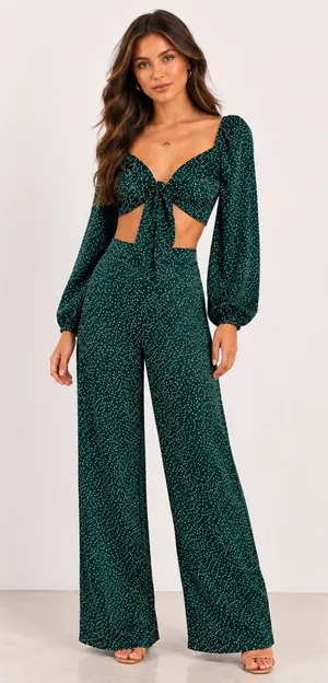 NWT Nasty Gal Green Polka Dot Satin Two Piece Set Crop Top & Wide Leg Pants thumbnail 1