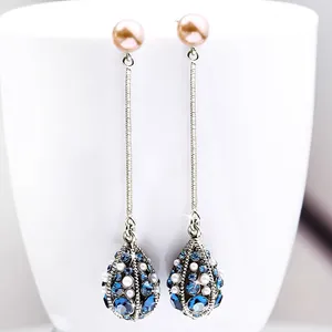 Women's Pearl Blue Crystal Long Tassel Dangle Drop Earrings thumbnail 3