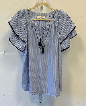 LOFT Striped Flutter Sleeve Tassel Tie Blouse Top Size Large Women's Blue‎ White thumbnail 1