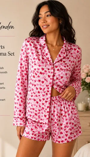Lilac + London Pink Hearts Satin Shortie Pajama Set Size M NWT thumbnail 1