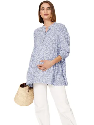 Isabella Oliver Marlene Maternity Blouse Periwinkle Blue Floral Tunic Sz 1 US 4 thumbnail 2