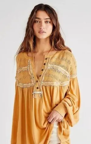 New Free people Mara Mae yellow tunic top size S Oversized boho v neck oversized thumbnail 1