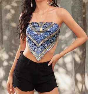 Shein Blue Paisley Bandana Tie Top thumbnail 1