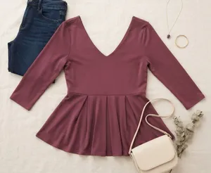 Victoria's Secret Burgundy V-Neck Peplum Top Gold Back Zip 3/4 Sleeve Small thumbnail 1