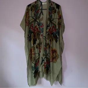 Tan Boho Floral Ruana Longline Shawl Lightweight Wrap thumbnail 3