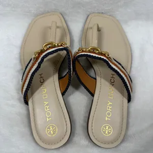 Tory Burch Eleanor Thong Sandal Beige Multi Striped Canvas Gold Chain Flat 5.5 thumbnail 5