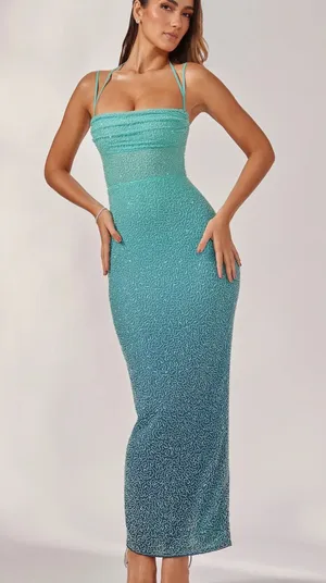 Oh Polly Monte Carlo Embellished Maxi Dress Beaded Green Blue Ombré Size 10 thumbnail 1