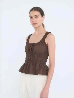 NWT Blu Pepper Brown Ruffle Front Tie Shirred Peplum Tank Top Small thumbnail 3