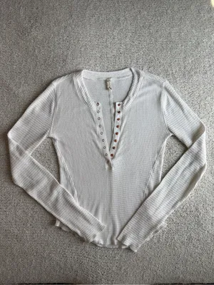 Free People One Of The Girls Henley Long Sleeve Thermal Shirt White Medium thumbnail 9