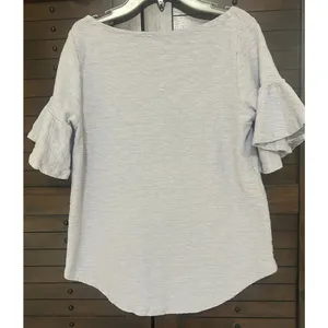 Anthropologie Postage Stamp Ruffle Sleeve Light Blue Curved Hem Cotton Top Small thumbnail 4