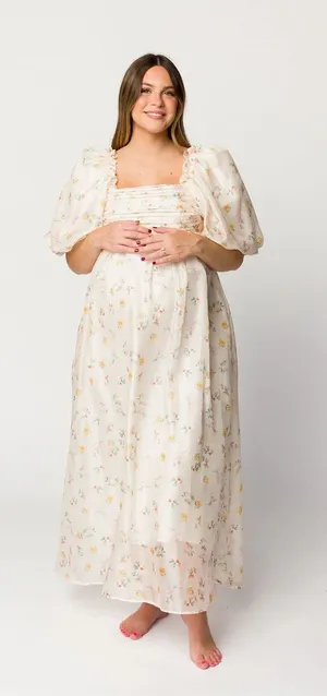 Melody Maxi Dress with Pleats and Bow Detail in Yellow Rose Floral - Bump Friendly thumbnail 1