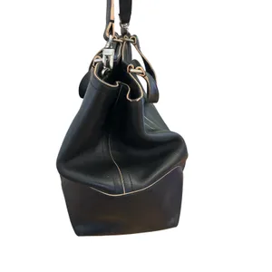 Ellen Tracy Black Leather Tote Bag Satchel Contrast Piping Silver Hardware thumbnail 5
