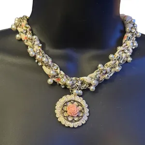 Pearls and rhinestones floral braided ribbon pendant necklace thumbnail 1