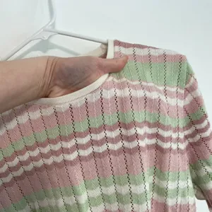 ALFRED DUNNER White Mauve Pink Green Chevron Striped Short Sleeve Sweater Top L thumbnail 6