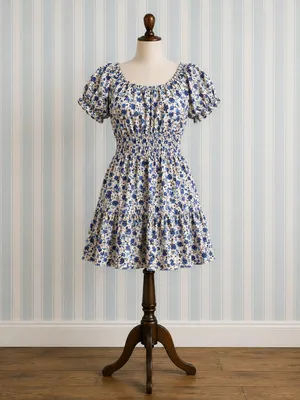 Blue Floral smocked mini dress - size large thumbnail 1