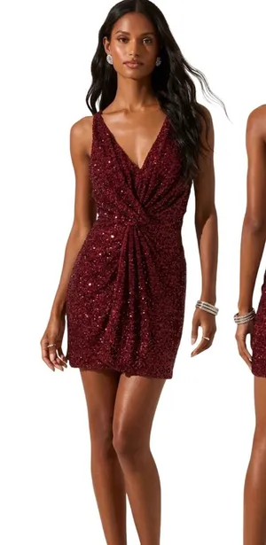 ASTR the Label Wine Sequin Twist Front Mini Dress Burgundy Size Medium‎ NEW thumbnail 1