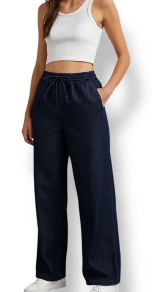 Glassworks London Dark Wash Denim Wide Leg High Rise Pants Drawstring‎ Waist thumbnail 1