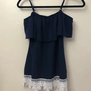 Navy off shoulder top with white‎ lace trim thumbnail 4