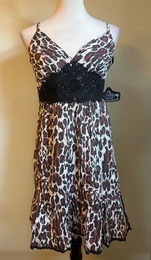 Angie Leopard Cotton mini Dress Crochet Lace Ruffle Hem‎ S NWT y2k boho animal thumbnail 1