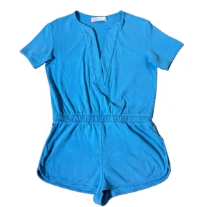 Free People Beach Lainey Romper Size M Blue V-Neck Stretch Relaxed Fit Knit Boho thumbnail 1