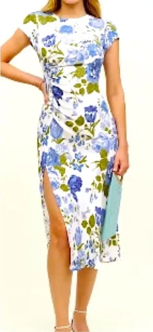 NWT Reformation Blue Floral Midi Dress Slit Ruched Cottagecore Wedding Guest thumbnail 1