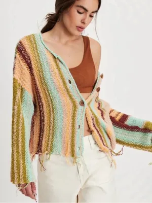 Free People Baja Cardi Sweater Cardigan Fringe Striped Button Front Size XS thumbnail 3