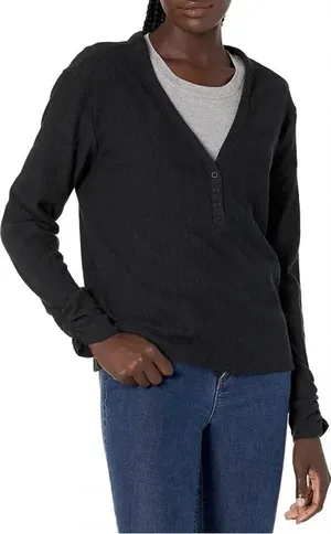 UGG Size Medium Black Ribbed Three Button Long Sleeve Top. New With Tags. thumbnail 1