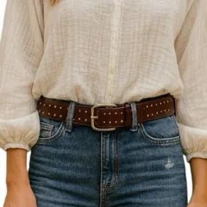 Western Boho Brown Studded Genuine Leather Belt Antique Gold Women’s Size Small thumbnail 1