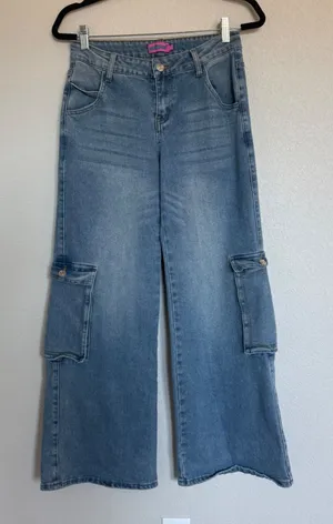 Edikted‎ Womens Wide Leg Cargo Jeans Blue Medium Wash High Rise Utility Size S thumbnail 1